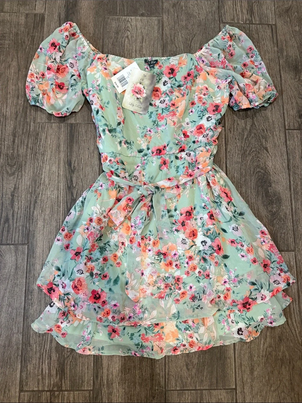 Lily Rose Mint Floral Puff-Sleeve Dress with Pink & Coral Blooms